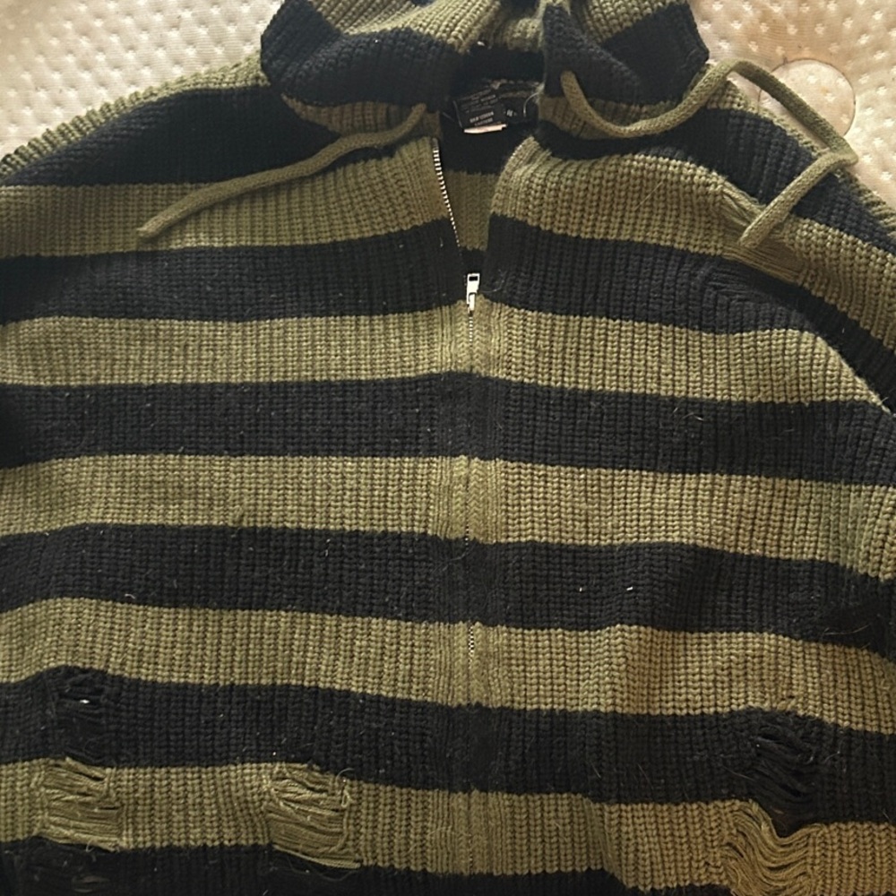 Hot Topic Olive and Black Striped Zip Hoodie Sweater